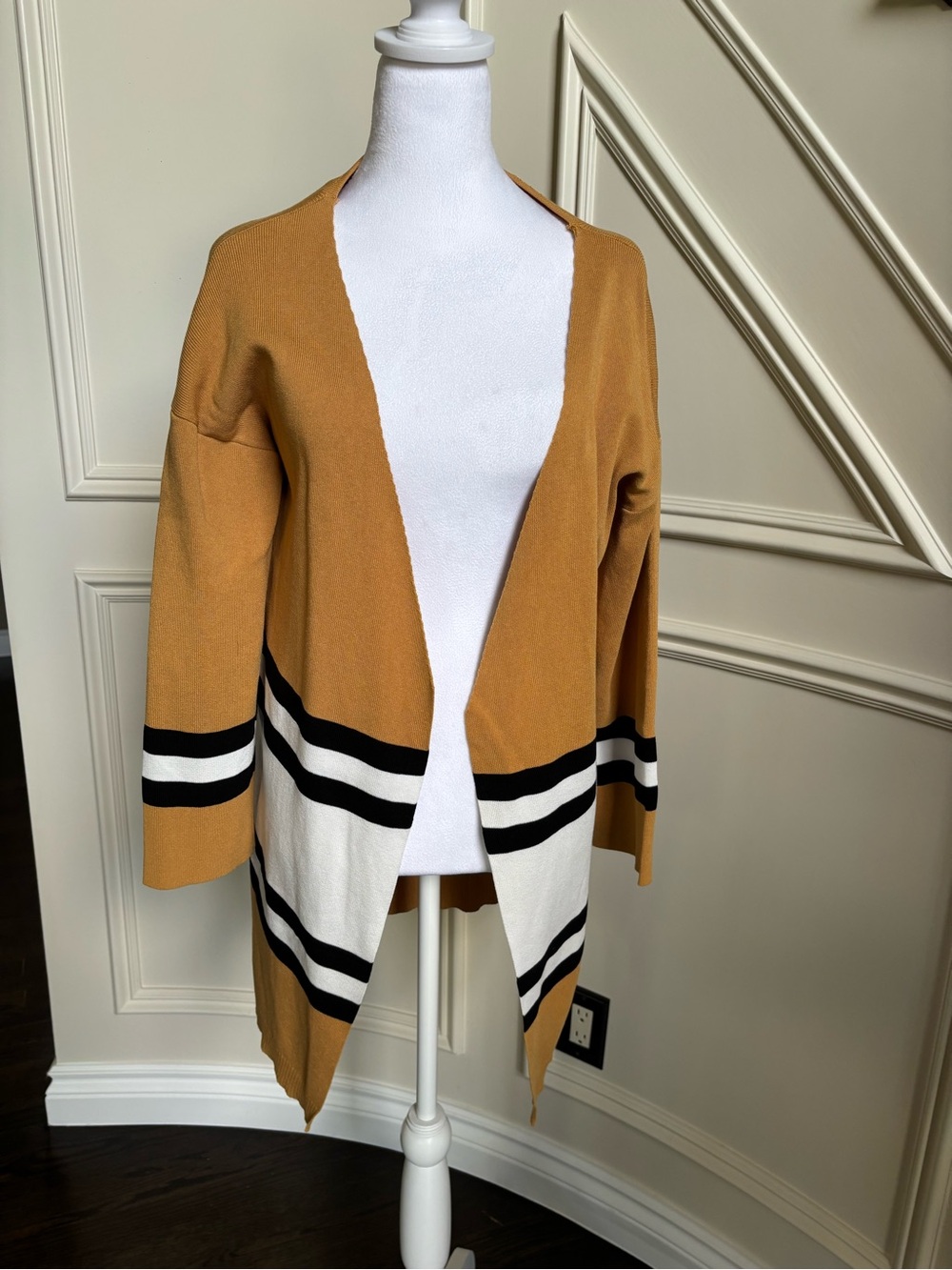 Open-Front Mustard Stripe Women's Sweater Cardigan
